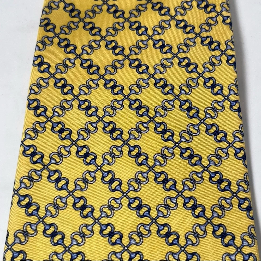 Brooks Brothers “346” Men’s Silk Tie‎ Yellow with Blue Horse Bits/Buckles Preppy